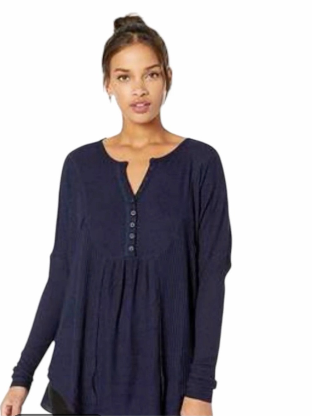 Free People Leo Hanley Navy Button-Front Waffle Knit Textured Top Oversized XS